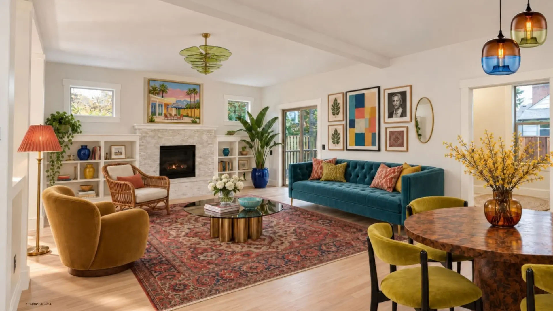 Eclectic living room with teal velvet sofa, layered vintage rug, and colorful glass pendants