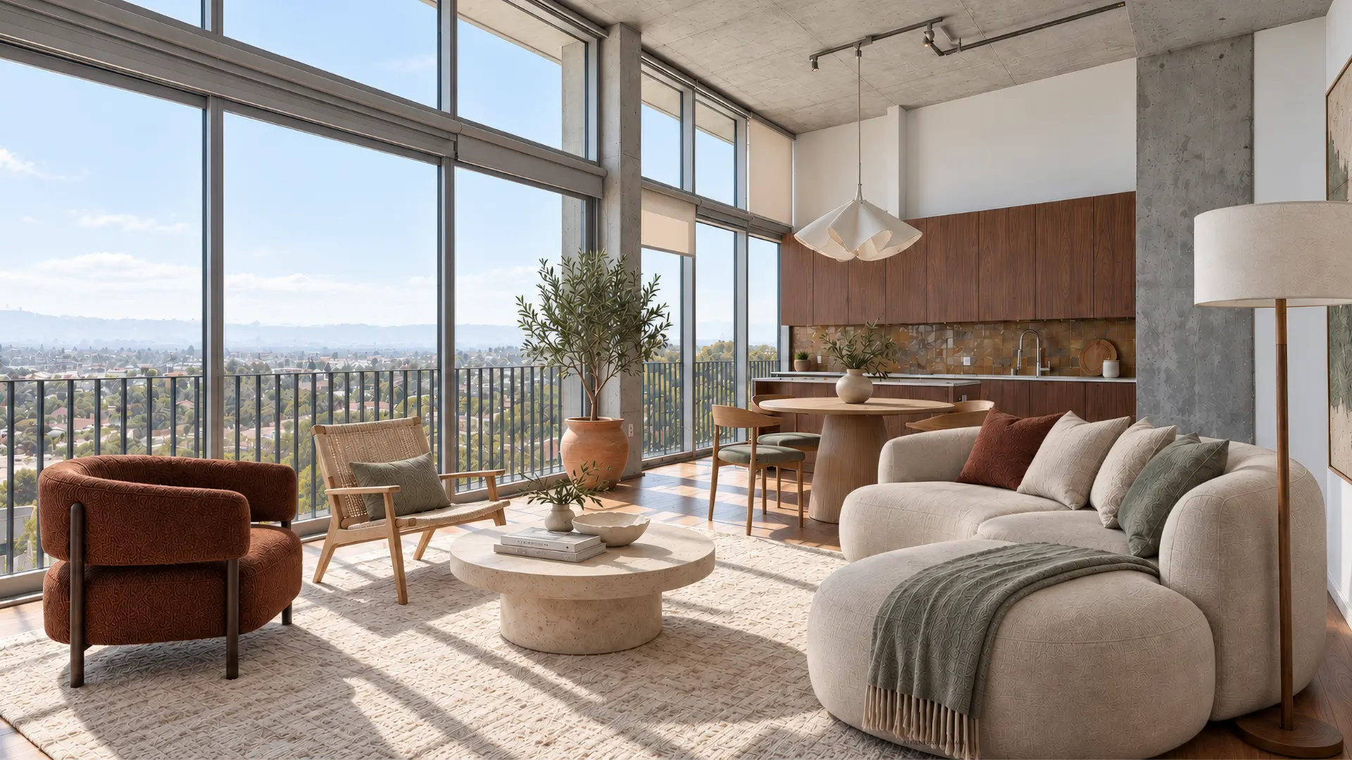 Organic modern living room with curved boucle seating and earthy textures