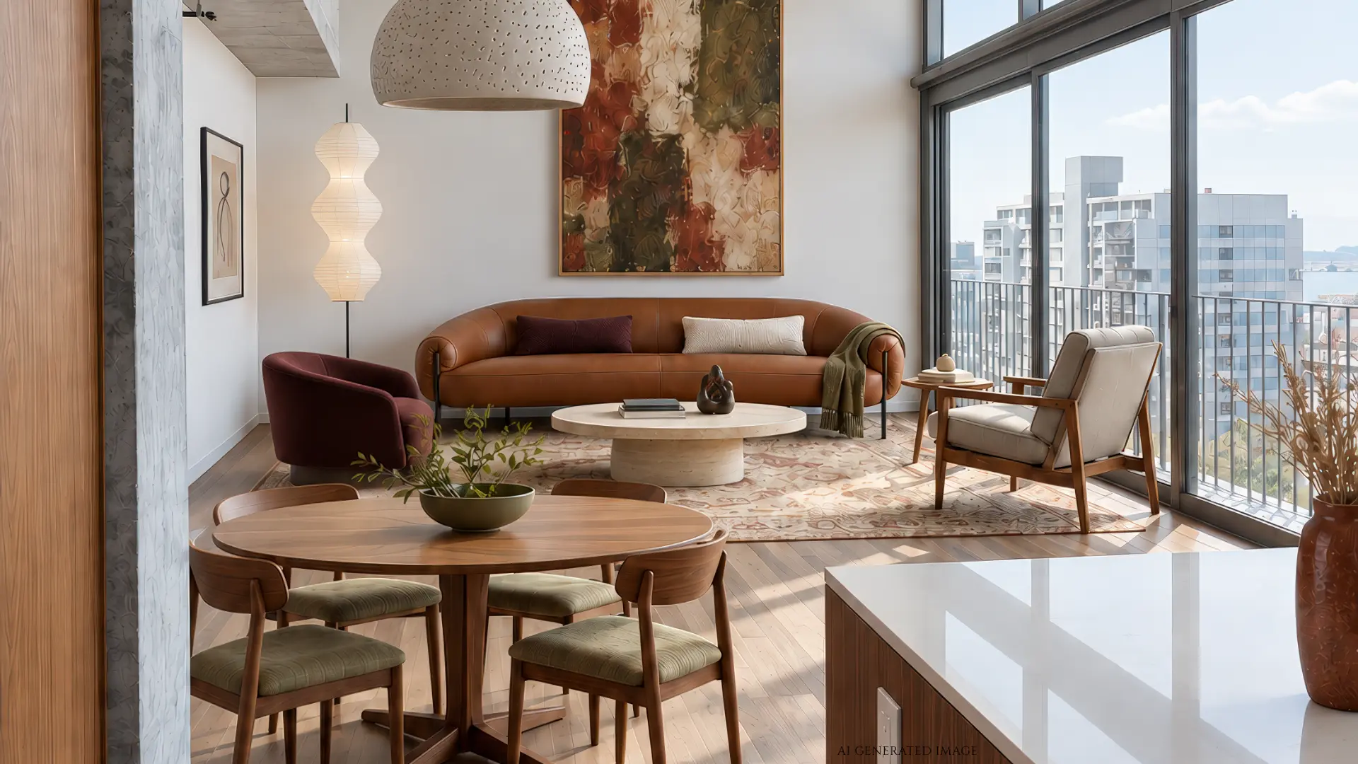 Contemporary living and dining room with cognac leather sofa and abstract art