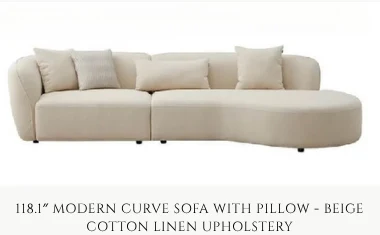 118.1″ Modern Curve Sofa with Pillow — Beige Cotton Linen Upholstery — Organic Modern mood board piece